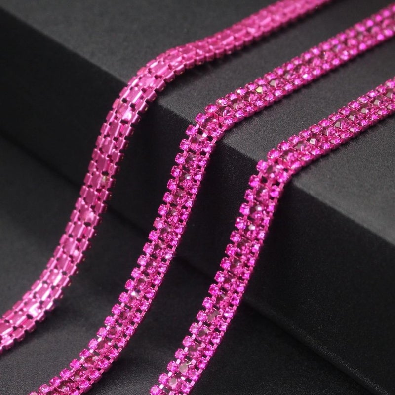 PEARLY JUN 3 Yards 3 Rows Fushia Rhinestone Chain Bling Crystal Trips Diamond Applique Silver Fringe Trim for Crafts Dress Applique Clothing Sewing Embellishments - Image 3